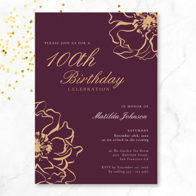 Floral Gold Burgundy 100th Birthday Invitation (Floral Gold Burgundy 100th Birthday Invitation)