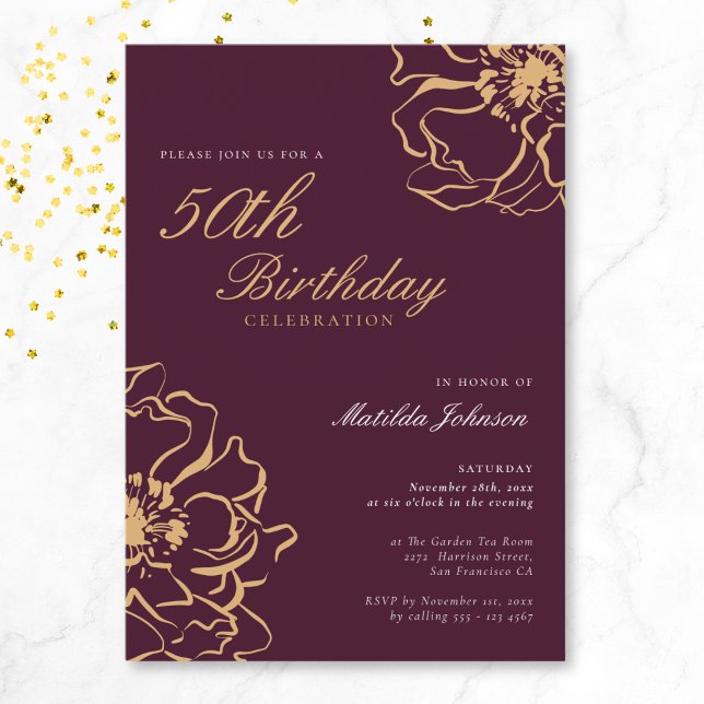 Floral Gold Burgundy 50th Birthday Invitation (Floral Gold Burgundy 50th Birthday Invitation)
