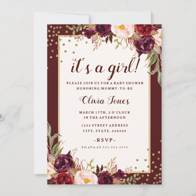 Floral Gold Burgundy Baby Shower Invitation (Front)