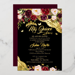 Floral Gold Burgundy Butterfly Lace Quinceanera