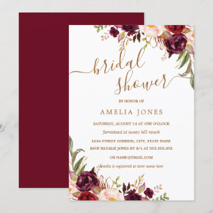 Floral Gold Burgundy Confetti Bridal Shower Invitation