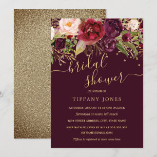 Floral Gold Burgundy Confetti Bridal Shower Invitation