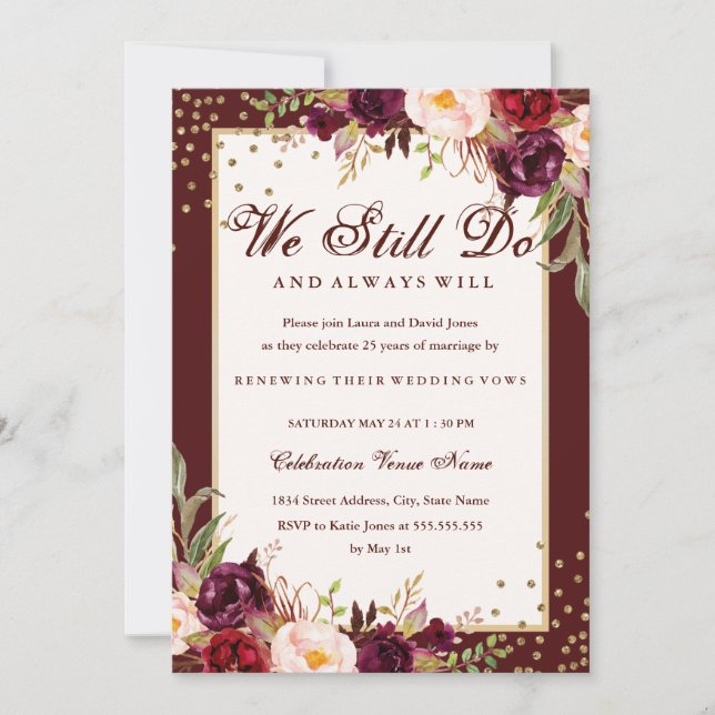 Floral Gold Burgundy Vow Renewal Anniversary Invitation (Front)