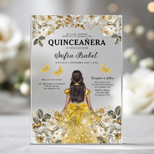 Floral Gold Butterfly Princess Quinceanera Acrylic Invitations (Creator Uploaded)
