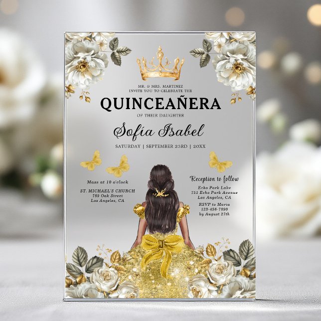 Floral Gold Butterfly Princess Quinceanera Acrylic Invitations (Creator Uploaded)