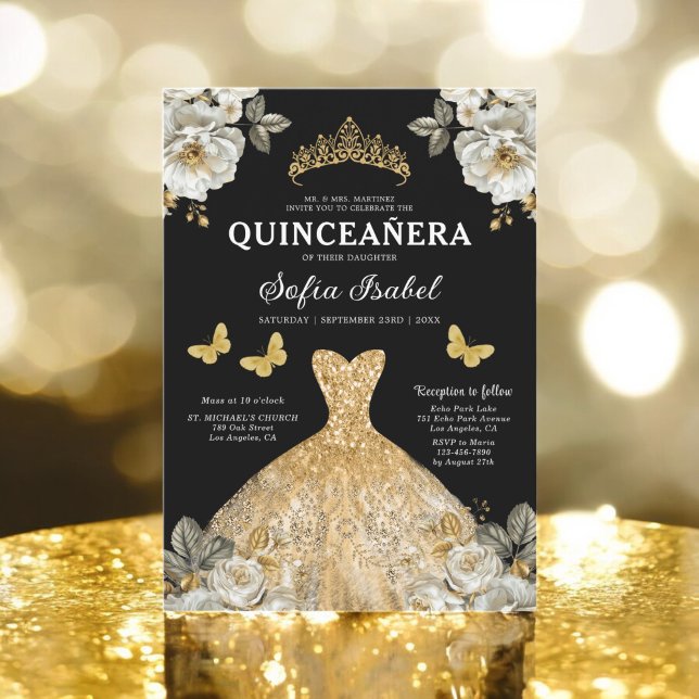 Floral Gold Butterfly Princess Quinceanera Invitation (Creator Uploaded)