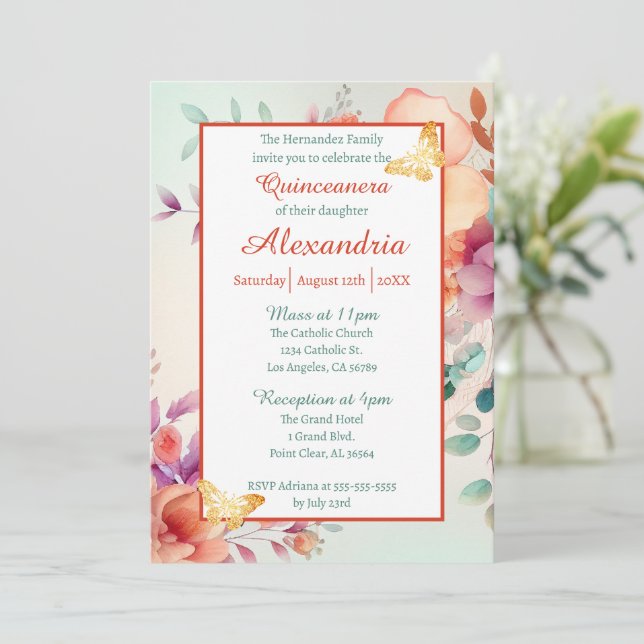 Floral Gold Butterfly Quinceanera Invitation (Standing Front)