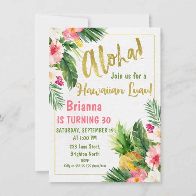 Floral Gold Calligraphy Luau Birthday Invitation (Front)