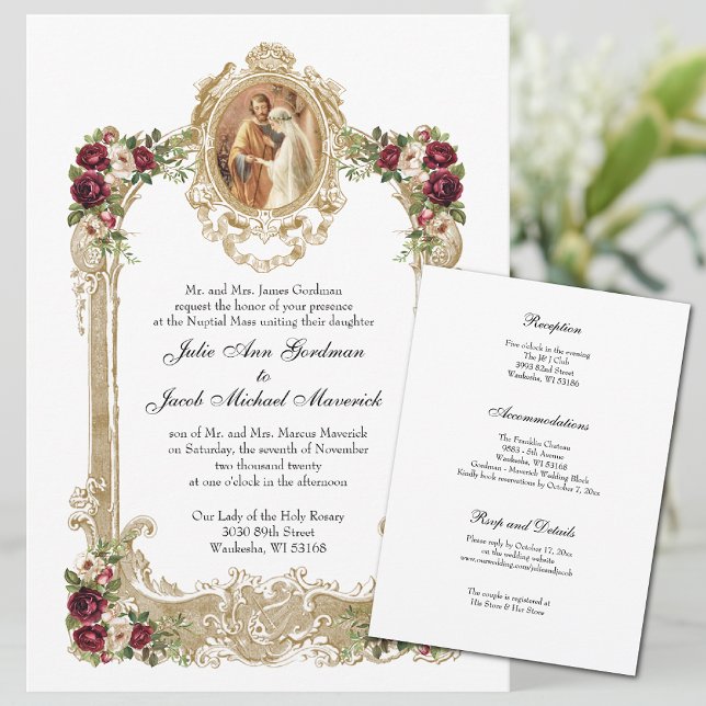 Floral & Gold Catholic Wedding & Reception Invitation (Coordinating wedding prayer cards available in our shop. )
