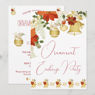 Floral Gold Christmas Ornament Exchange Party Invitation