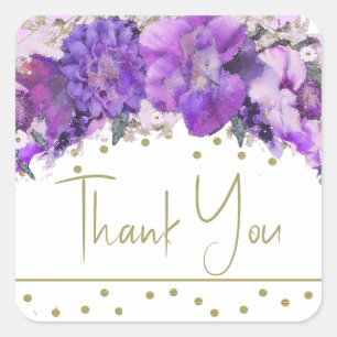 Floral Gold Confetti Purple Thank You Square Sticker