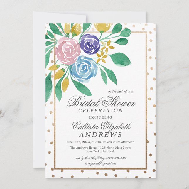 Floral Gold Confetti Watercolor Bridal Shower Invitation (Front)