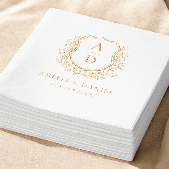 Floral Gold Crest Wedding Monogram Foil Napkins (Creator Uploaded)