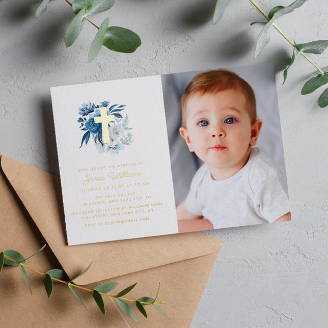 floral gold cross Baptism photo Foil Holiday Card (Creator Uploaded)