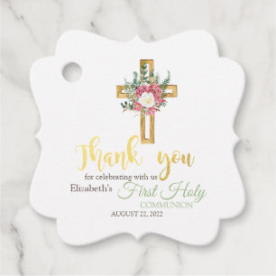 Floral Gold Cross First Holy Communion Favour Tags