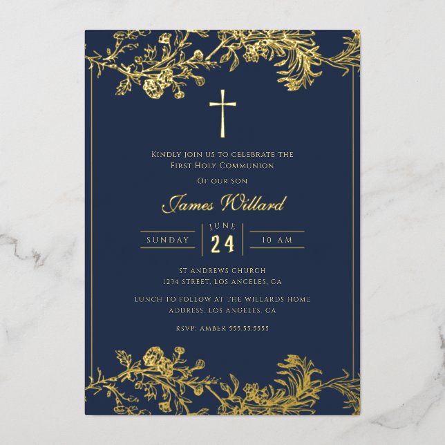 Floral Gold Cross Navy Boys First Communion (Front)