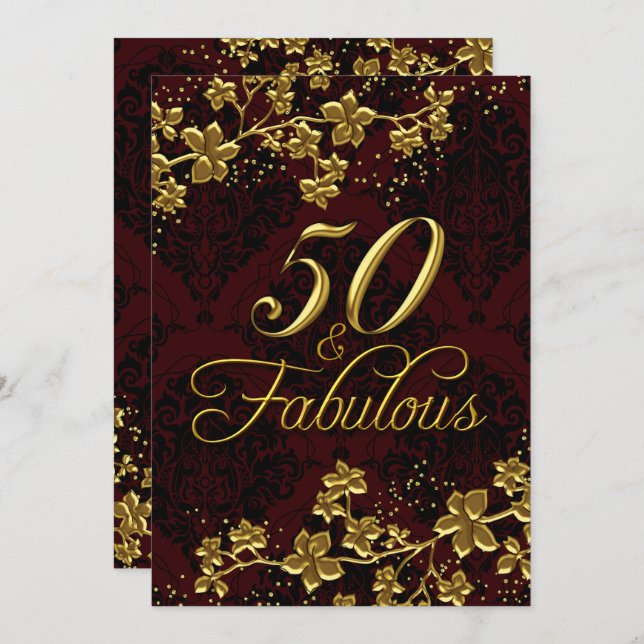 Floral Gold Dark Red 50 Fabulous Birthday Invitation (Front/Back)
