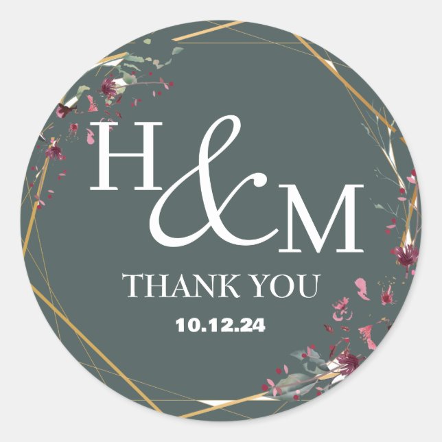 Floral Gold Elegant Modern Monogrammed Wedding Classic Round Sticker (Front)