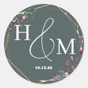 Floral Gold Elegant Modern Monogrammed Wedding Classic Round Sticker