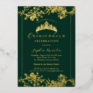 Floral Gold Emerald Vintage Quinceanera 