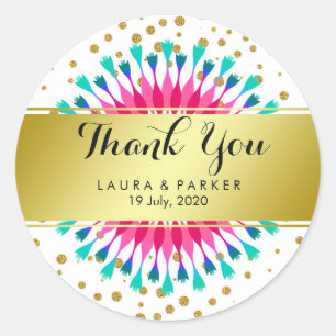 Floral Gold Faux Foil Glitter Thank You Wedding Classic Round Sticker