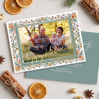 Floral Gold Foil Border Family Photo Holiday Card
