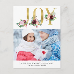 Floral Gold Foil Joy Custom Photo Christmas Postcard