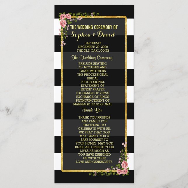 Floral Gold Foil Stripe Wedding Ceremony Program Programme (Front)