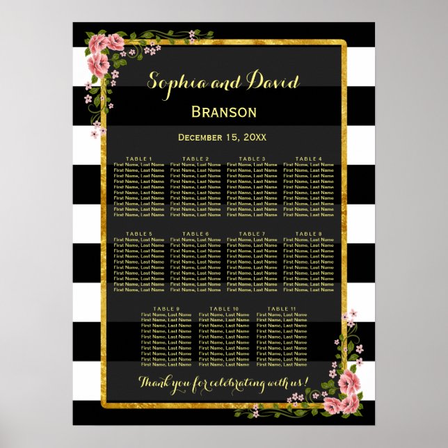 Floral Gold Foil Stripe Wedding Seating Chart (Front)