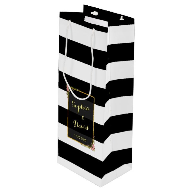 Floral Gold Foil Stripe Wedding Wine Wine Gift Bag (Front Angled)