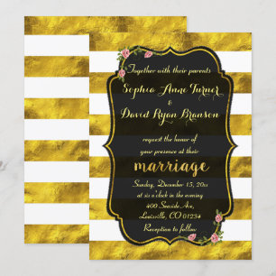 Floral Gold Foil Stripes Black Wedding Invitation