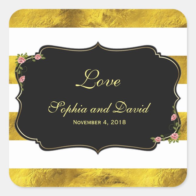 Floral Gold Foil White Stripes Wedding Custom Square Sticker (Front)