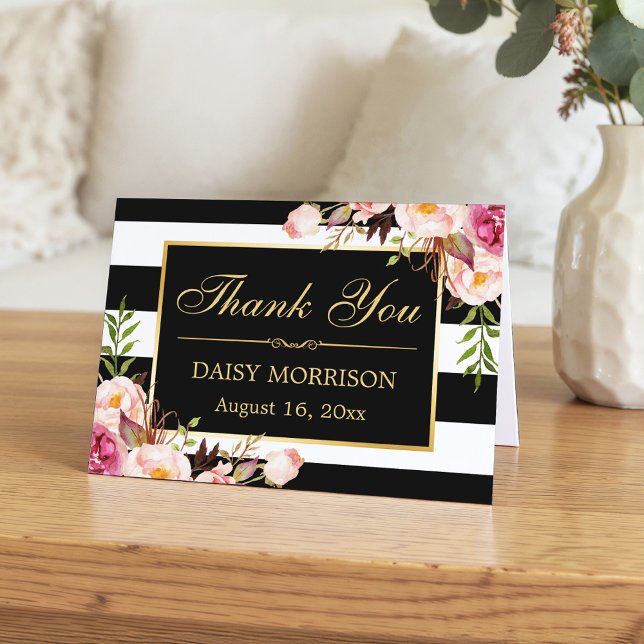 Floral Gold Frame Black White Stripes Thank You (Creator Uploaded)
