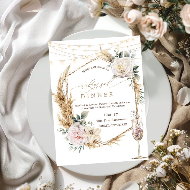 Floral Gold Frame Champagne Glass Rehearsal Dinner Invitation (Creator Uploaded)