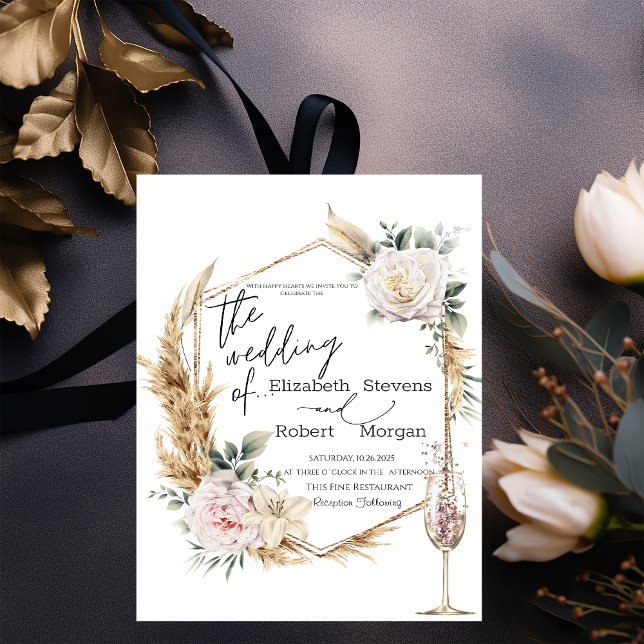 Floral Gold Frame Champagne Glass Wedding  Invitation (Creator Uploaded)