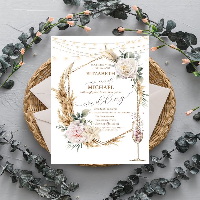 Floral Gold Frame Champagne Glass Wedding Invitation (Creator Uploaded)