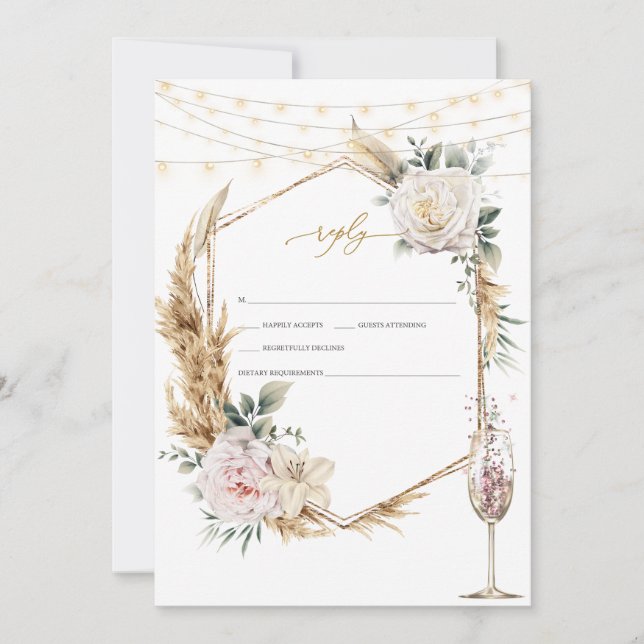 Floral Gold Frame Champagne Glass Wedding RSVP   Invitation (Front)