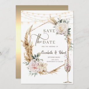 Floral Gold Frame Champagne Wedding  Save The Date