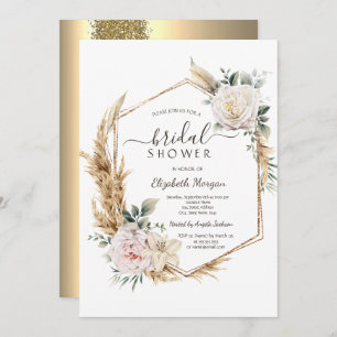 Floral Gold Frame Glitter Bridal Shower  Invitation