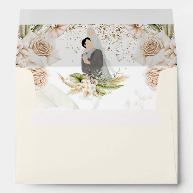 Floral Gold Frame GREEN & BEIGE Islamic Wedding  Envelope (Back (Bottom))