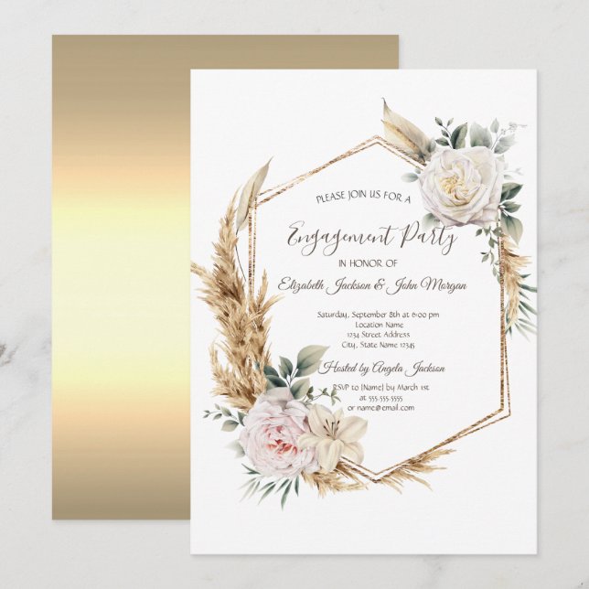 Floral Gold Frame  Invitation (Front/Back)