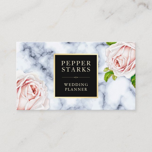 Floral Gold Frame on White Marble | Business Card (Front)
