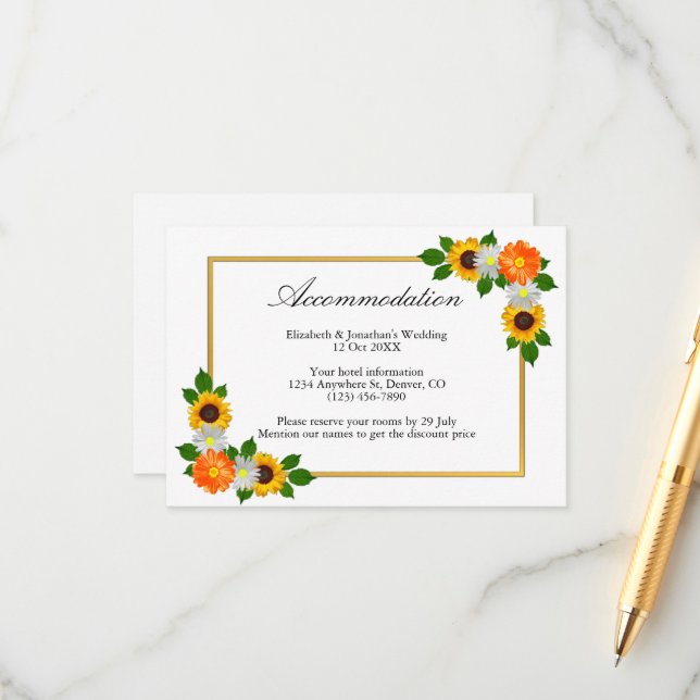Floral Gold Frame Wedding Accommodation Enclosure Card (Front/Back In Situ)