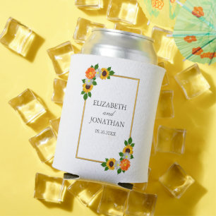 Floral Gold Frame Wedding Can Cooler