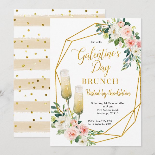 Floral Gold Galentine's Day Brunch invitation (Front/Back)