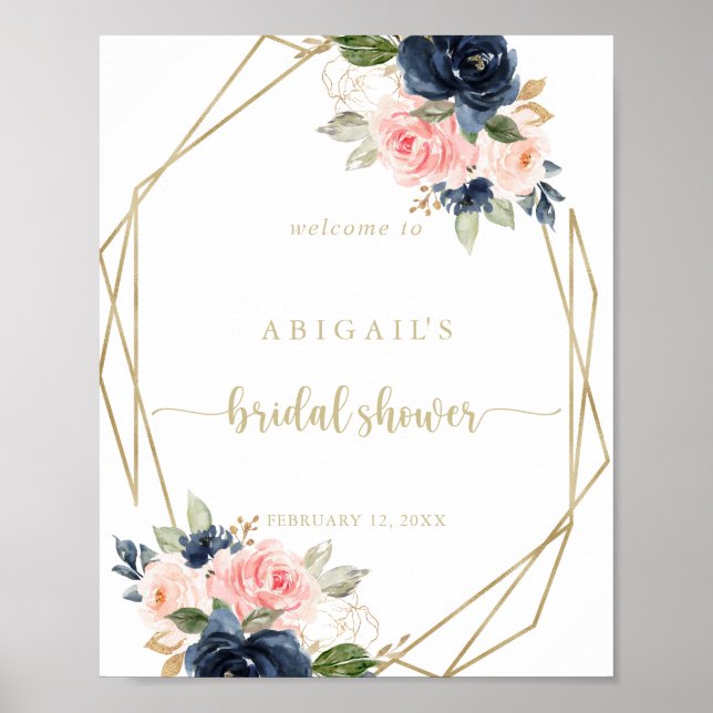 Floral Gold Geometric Bridal Shower Welcome  Poster (Front)