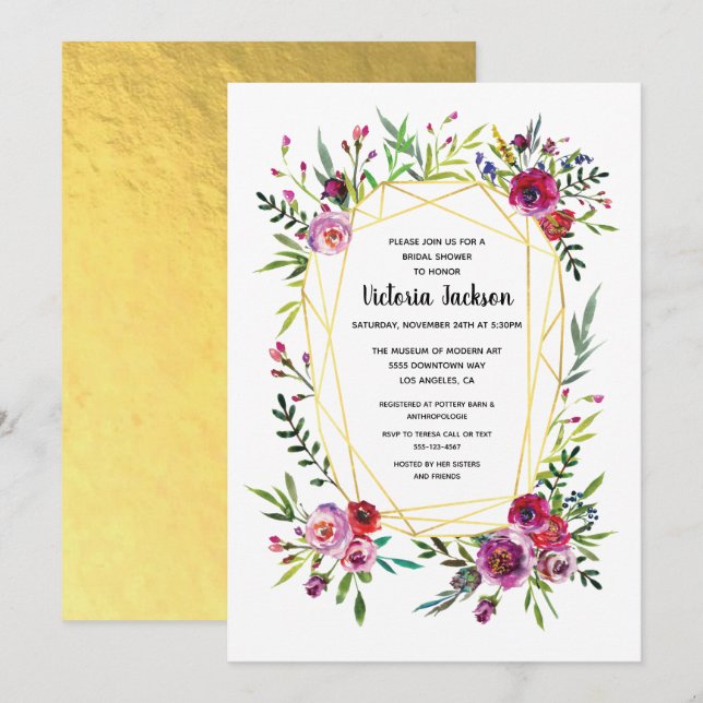 Floral Gold Geometric Crystal Bridal Shower Invitation (Front/Back)