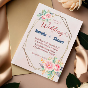 Floral gold geometric frame Wedding Invitation
