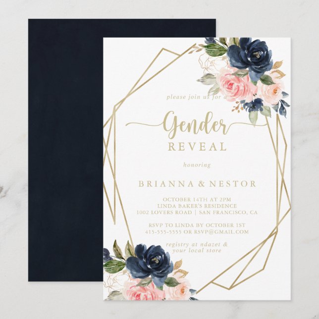 Floral Gold Geometric Gender Reveal Party  Invitation (Front/Back)