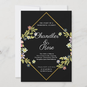 Floral Gold Geometric Minimalist Black Wedding Invitation